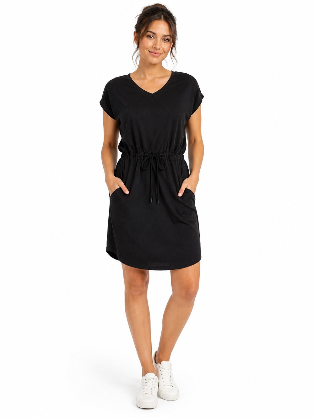 32 Degrees Cool Black Cinch Waist Dress Large V Neck Dolman Sleeve Pocket Casual